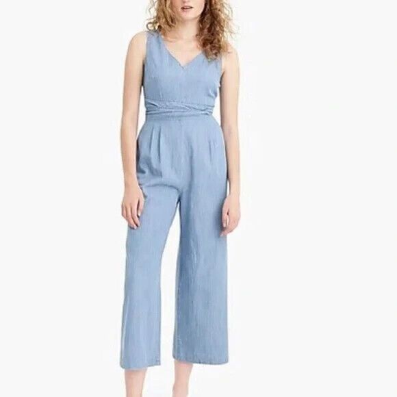 J. Crew Wrap Jumpsuit Women's 4 Blue Denim Chambray Tie Waist Sleeveless‎ V Neck - Picture 1 of 12